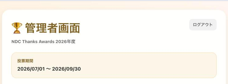 ログイン成功後、管理者ダッシュボードの最上部（第1セクション付近）が表示された状態