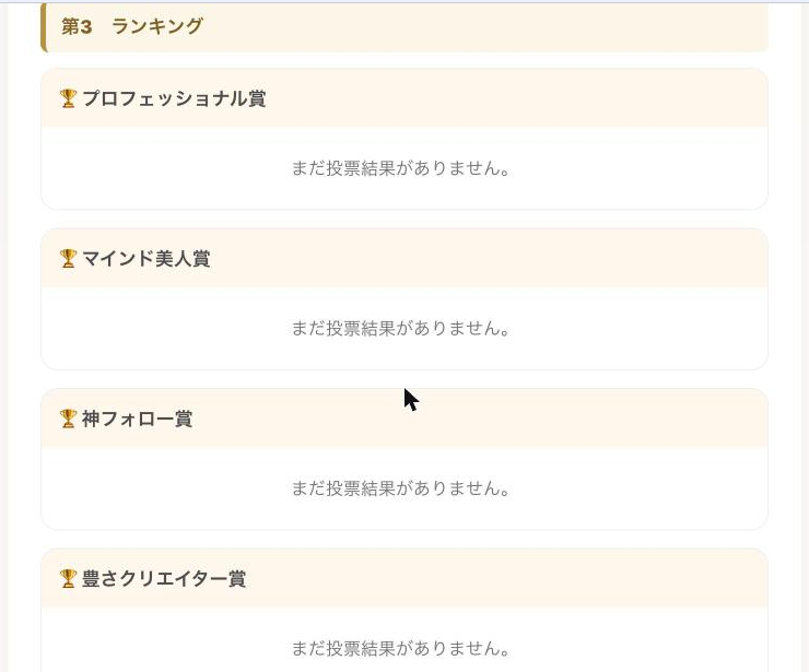 「ランキング」セクション。賞ごとにタブまたは見出しで区切られ、🥇🥈🥉のマーク付きで候補者が並んだ状態
